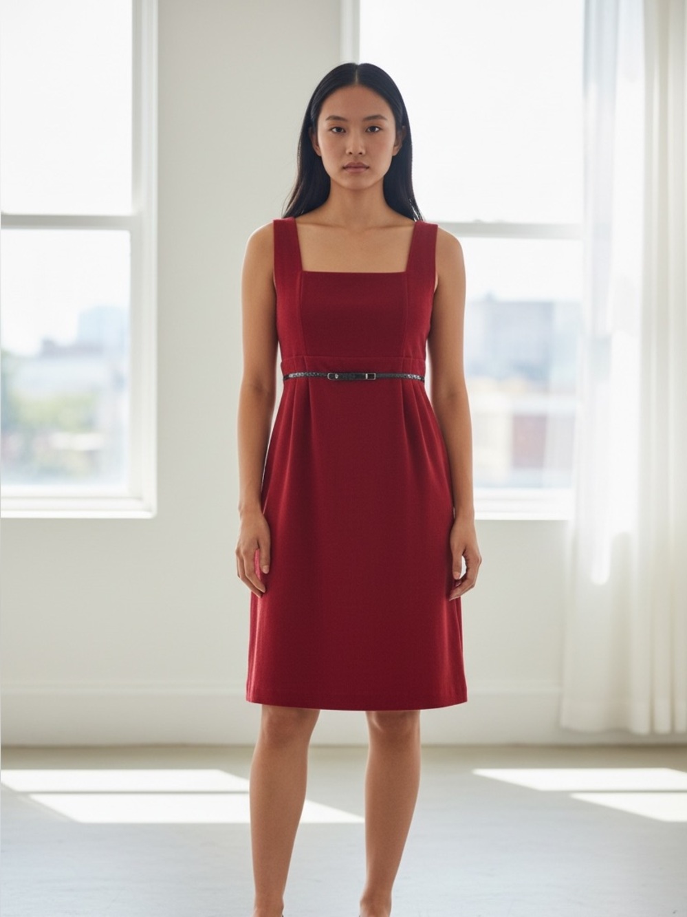 Blu Sage Square Neck Red Midi Dress with Black Bow Belt
